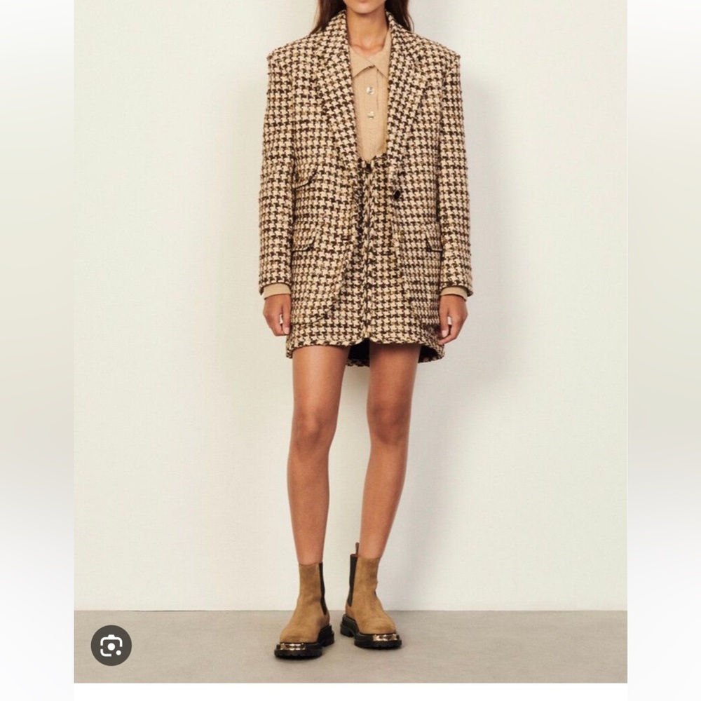 Sandro Esther Houndstooth Jacket H21gena Skirt maroon brown beige tweed suit set - Picture 2 of 12